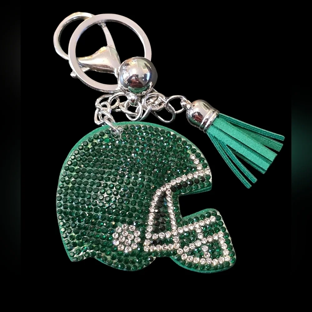 Green Rhinestone Football Helmet Bag Charm Keychain
